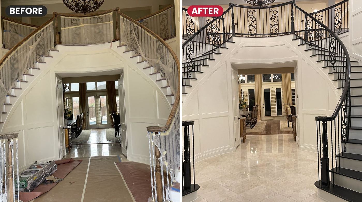 Before and after: double curved staircase refinished