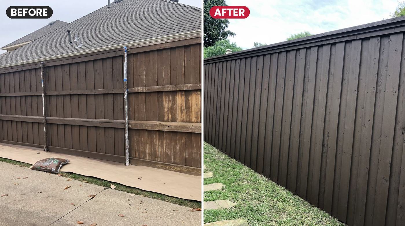 Before and after: faded wood fence stained brown