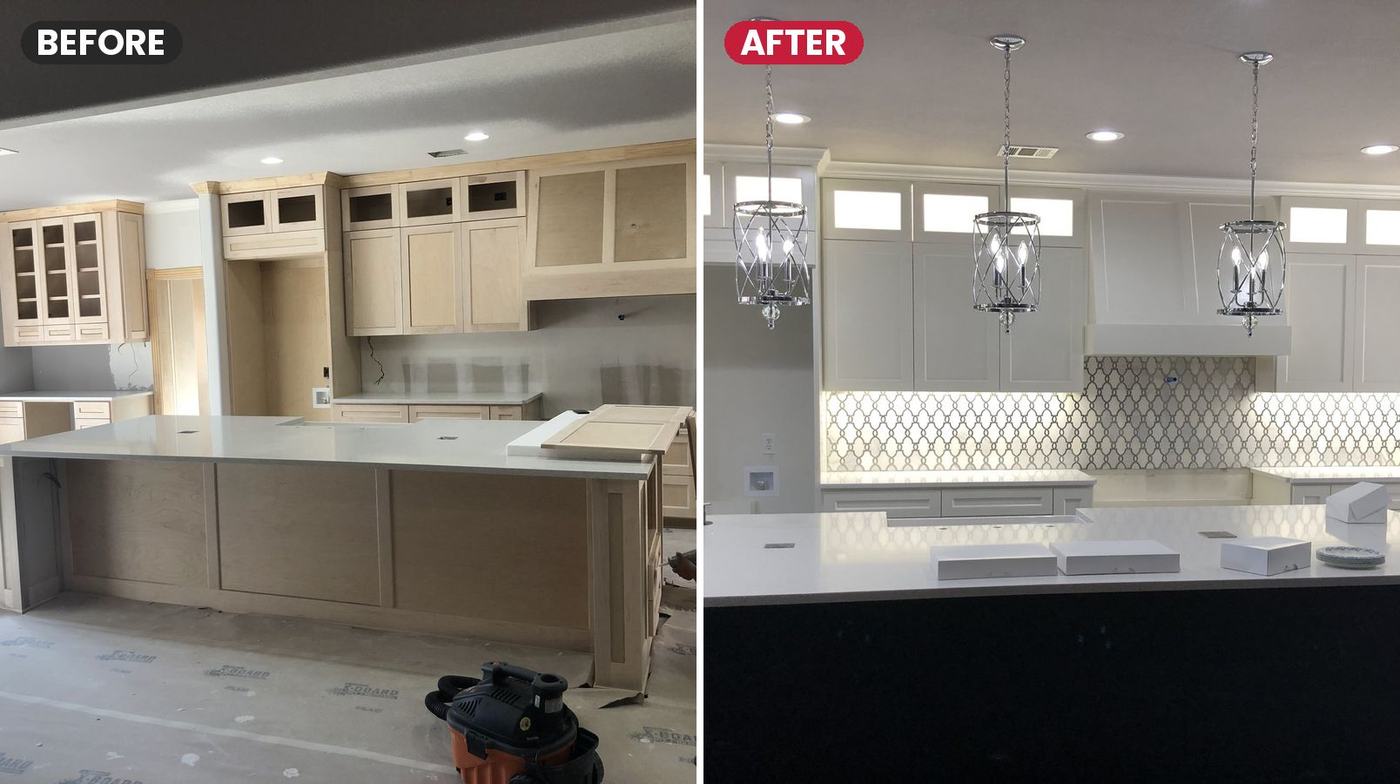 Before and after: raw kitchen cabinets painted white with a black island