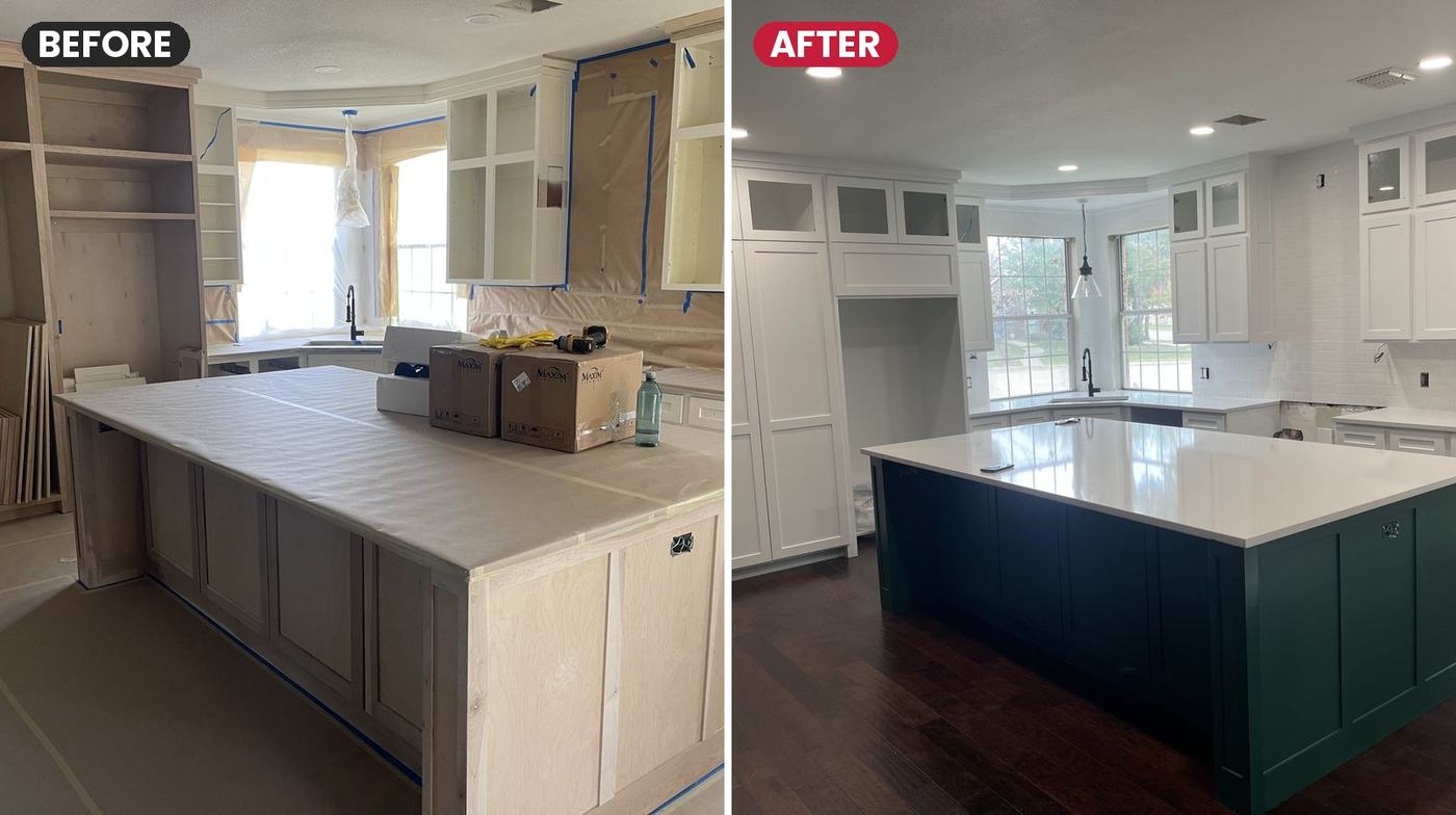 Before and after: unfinished kitchen cabinets painted white with a green island