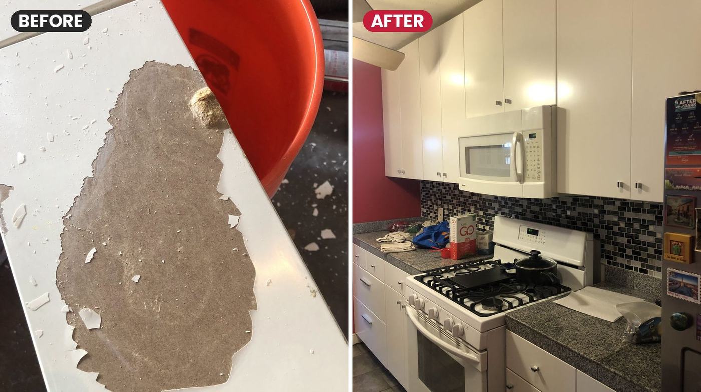 Before and after: peeling cabinet finish refinished in white