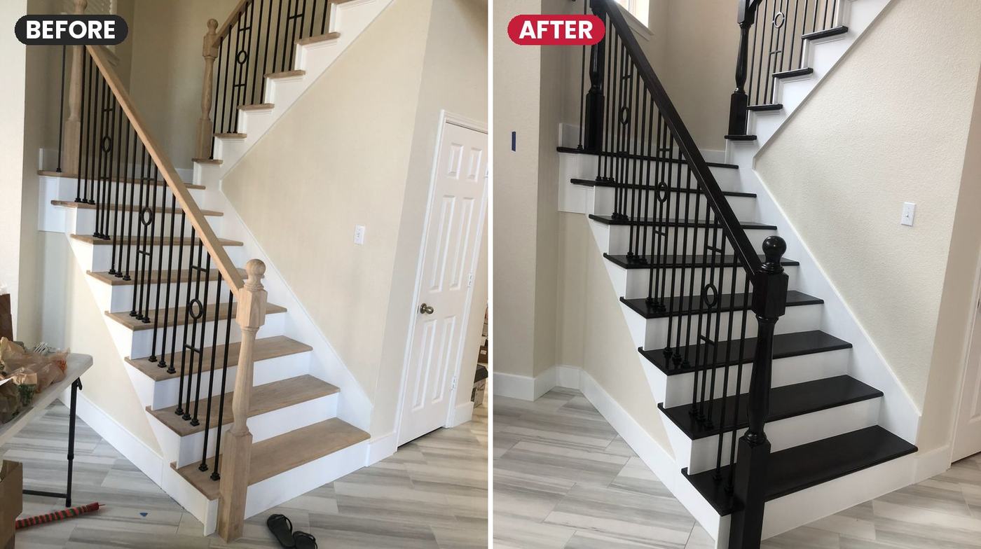 Before and after: unfinished staircase stained dark with a black railing