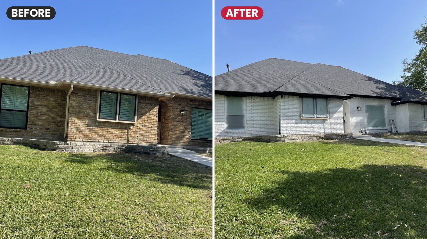 Before and after: tan brick home painted white with black trim