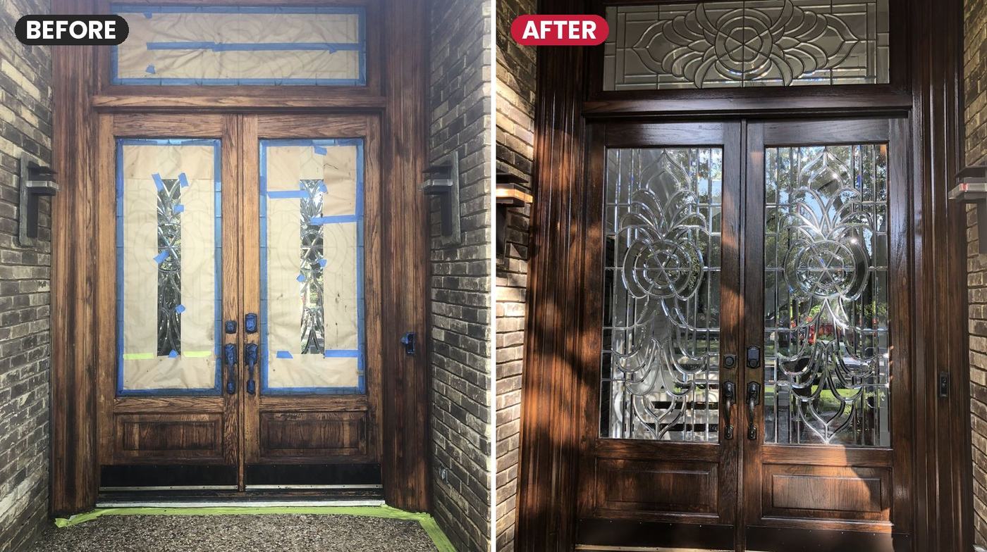 Before and after: wood double front doors refinished